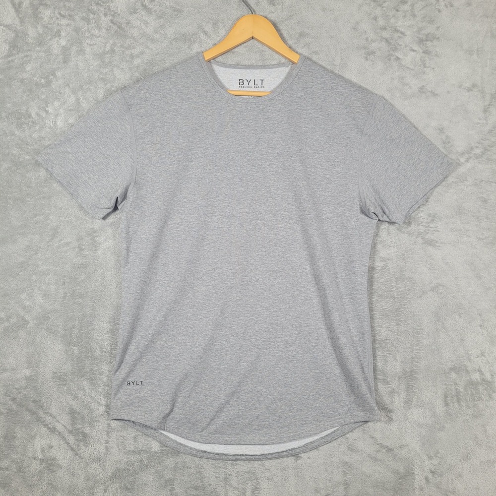 BYLT T-Shirt Mens L Gray Lux Blend Drop Cut Curved Hem Short Sleeve Athletic Tee